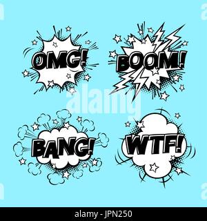 Comic speech sound bubbles set with different emotions and text BOOM, OMG, BANG, WTF. Vector cartoon illustrations isolated on blue background. Halfto Stock Vector