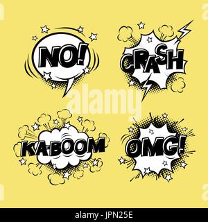 Comic speech bubbles set with different emotions and text KA-BOOM, OMG, NO, CRASH. Vector cartoon illustrations isolated on yellow background. Halfton Stock Vector