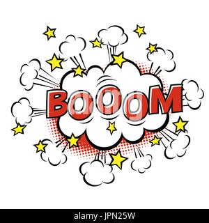 Boom! phrase in speech bubble. Comic text. Vector bubble icon speech phrase. Comics book balloon. Halftone background. Stock Vector