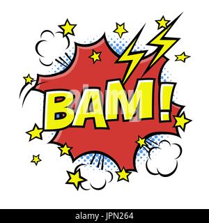 BAM! phrase in speech bubble. Comic text. Vector bubble icon speech phrase. Comics book balloon. Halftone background. Stock Vector