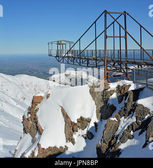Vertical Panoramic View of Bunji Jump Tower at the Mount Hutt Ski Field in Canterbury, New Zealand. The Canterbury Plains are in the background. Stock Photo