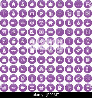 100 winter shopping icons set purple Stock Vector