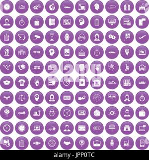 100 working hours icons set purple Stock Vector