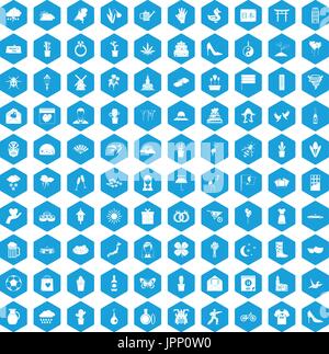 100 flowers icons set blue Stock Vector