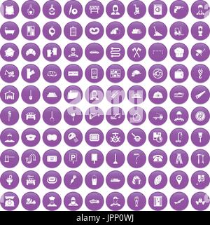 100 working professions icons set purple Stock Vector