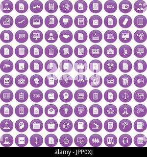 100 work paper icons set purple Stock Vector
