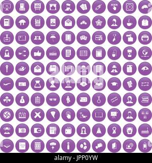 100 writer icons set purple Stock Vector