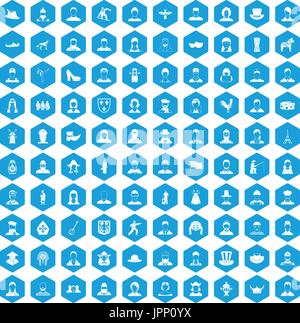 100 folk icons set blue Stock Vector