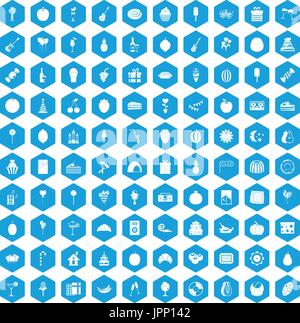 100 fruit party icons set blue Stock Vector