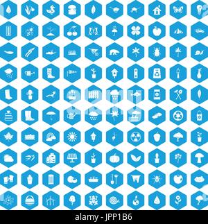 100 garden stuff icons set blue Stock Vector