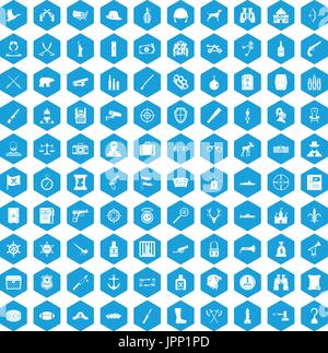 100 guns icons set blue Stock Vector
