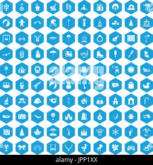 100 happy childhood icons set blue Stock Vector