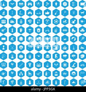 100 kids activity icons set blue Stock Vector