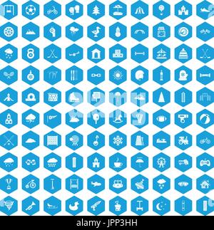 100 kids games icons set blue Stock Vector