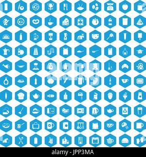 100 kitchen icons set blue Stock Vector