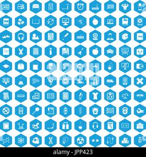 100 learning kids icons set blue Stock Vector