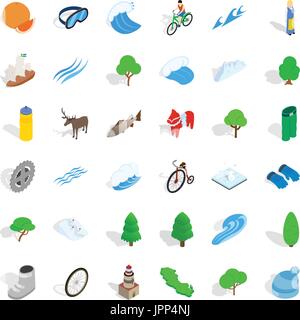 Hiking in nature icons set, isometric style Stock Vector