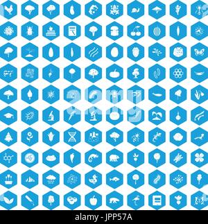 100 microbiology icons set blue Stock Vector