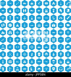 100 military resources icons set blue Stock Vector