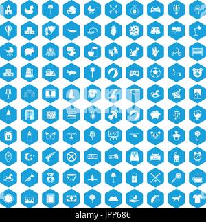 100 nursery icons set blue Stock Vector