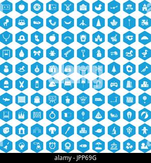 100 nursery school icons set blue Stock Vector