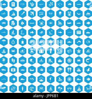 100 ocean icons set blue Stock Vector