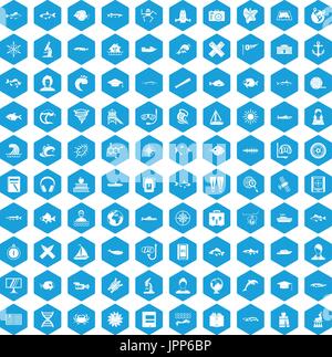 100 oceanologist icons set blue Stock Vector