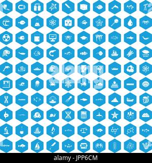 100 oceanology icons set blue Stock Vector