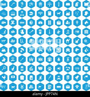 100 pets icons set blue Stock Vector