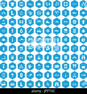 100 rafting icons set blue Stock Vector