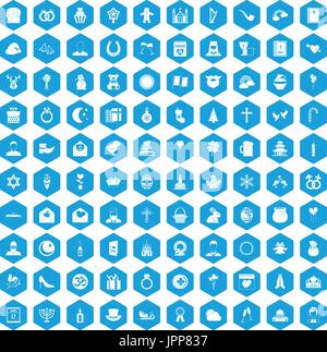 100 religious festival icons set blue Stock Vector