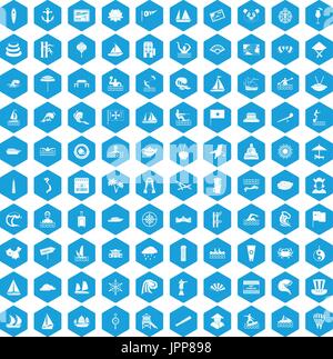 100 sailing vessel icons set blue Stock Vector