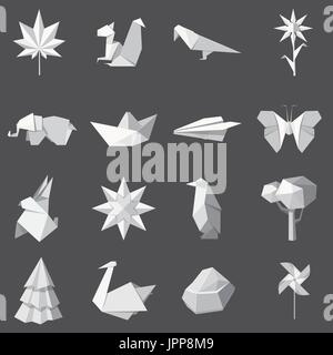 Origami icons set, cartoon style Stock Vector