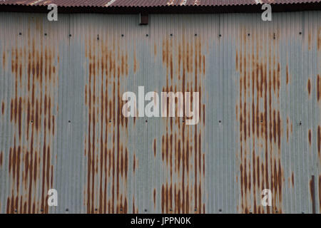 Rusted corrugated metal siding and roof on a building. Stock Photo