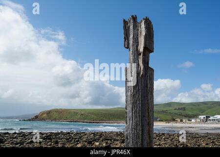 Single pylon pillar post, gradually decaying in the sunshine, from the old jetty ruins at Myponga Beach, South Australia. Shallow focus on just the po Stock Photo