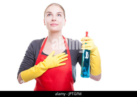 Beautiful maid woman making a promise and looking proud on white background Stock Photo