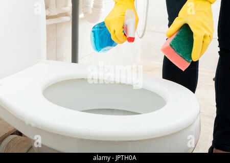 Woman with rubber gloves is cleaning toilet bowl using sponge and disinfectant spray in closeup Stock Photo