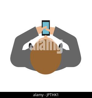 man walks with smartphone top view. Male and gadget phone Stock Vector