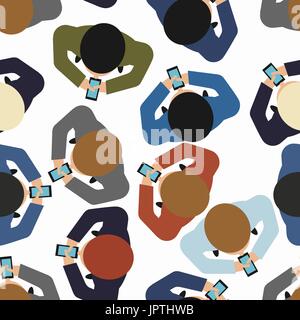 man walks with smartphone top view seamless pattern. Male and gadget phone background Stock Vector