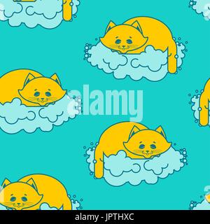 cat sleeps on cloud pattern. Soft fluffy pet and cloud seamless background Stock Vector