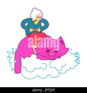 Grandmother play video games on back cat sleeps on cloud. old woman and gamepad. Cat and elderly woman Stock Vector