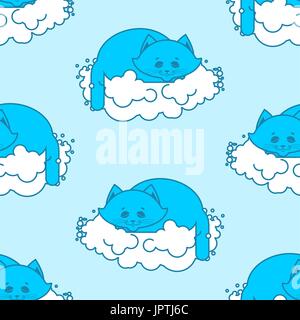 cat sleeps on cloud pattern. Soft fluffy pet and cloud seamless background Stock Vector