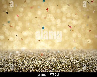 gold glitter floor with confetti on gold background Stock Photo