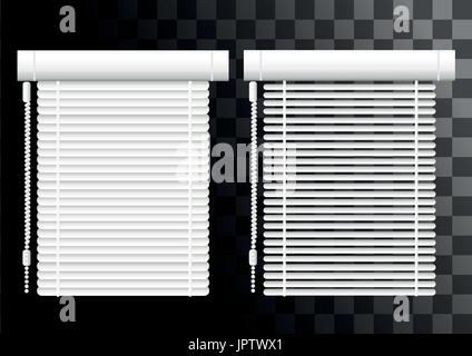 Window shutters. Office interior blinds. Window decor. Horizontal window blind. Vector illustration. Grey window blinds. Office accessories. Web site  Stock Vector