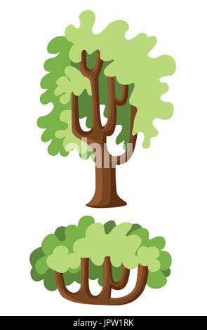 Flat green trees vector illustration set. Stone pine, spruce, maple, birch, cedar, oak, brachychiton, banyan, willow, larch palm scots pine forest tre Stock Vector