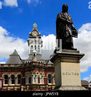 Statue of Sir Issac Newton and the Guildhall, Town hall of Grantham, Lincolnshire, England, UK Stock Photo