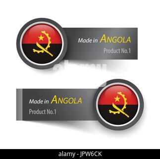 Flag icon and label with text made in Angola . Stock Vector