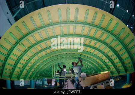 Boeing 747-400 on the production-line at the wing fuselage join stage ...