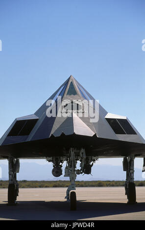 nose, undercarriage and windshield of a USAF Lockheed Martin F-117A Nighthawk with bombs in the static-display at the 1997 Edwards AFB Open-House Stock Photo