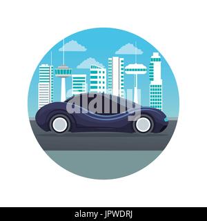white background with circular frame futuristic city landscape silhouette with colorful sport dark blue modern car Stock Vector